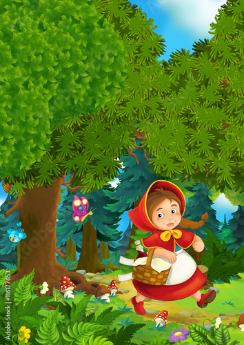 Cartoon scene on a happy girl inside colorful forest - illustration for children