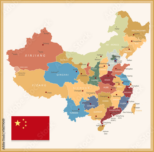 Canvas Print Vintage color map of China