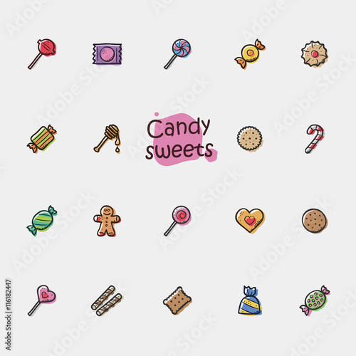 Set of doodle candy sweets icons. photo