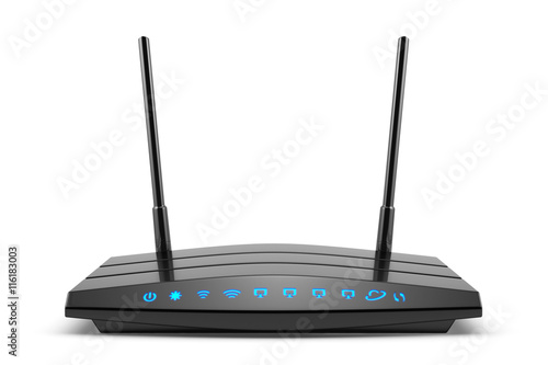 Wireless wi-fi black router with two antennas and blue indicator photo