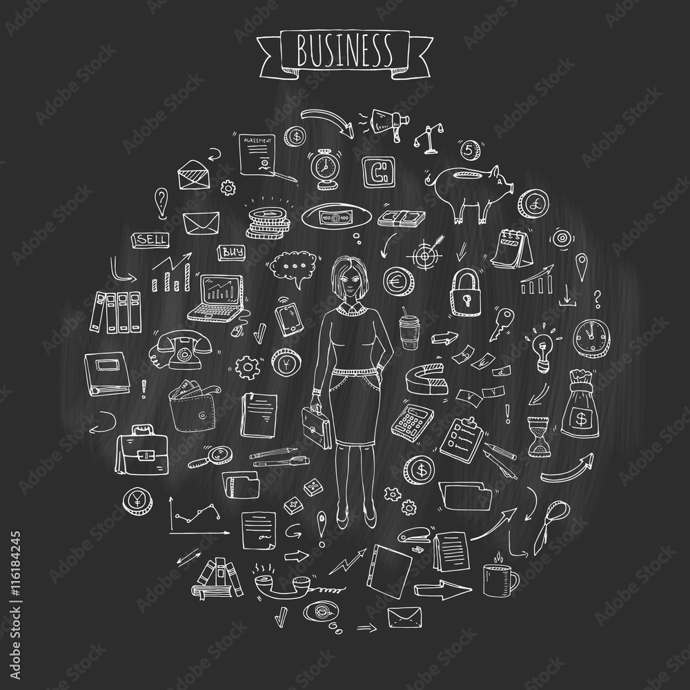 Hand drawn doodle Business set. Vector illustration. Finance and communication icons. Economic charts symbols collection. Freehand elements: money, telephone, laptop, bag, arrow, clock. Business lady.