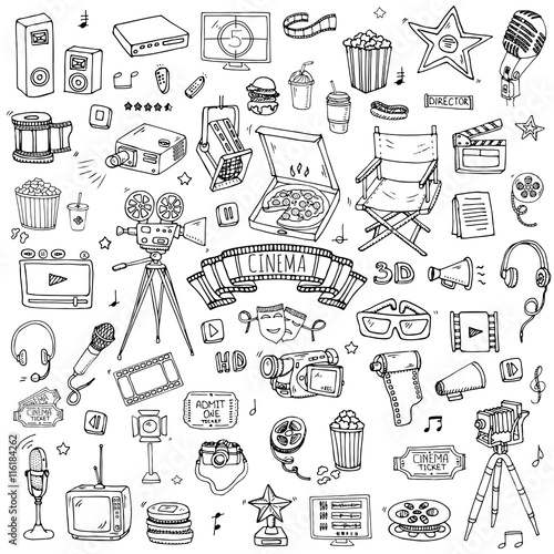 Hand drawn doodle Cinema set. Vector illustration. Movie making icons. Film symbols collection. Cinematography freehand elements: camera, film tape, photo camera, pizza, popcorn, projector, microphone