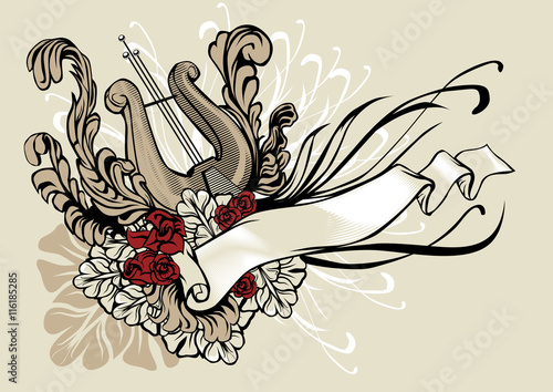 Decorative illustration of a harp with ribbon and floral ornamen