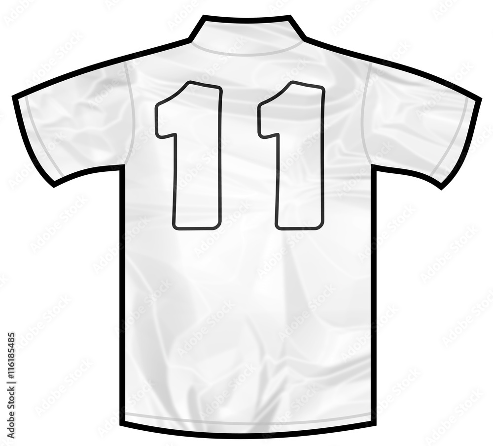 Number 11 eleven white sport shirt as a soccer,hockey,basket,rugby,  baseball, volley or football team t-shirt. Like German or England or USA  national team Stock Illustration