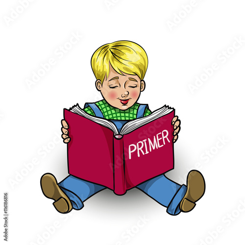 Isolated cartoon little boy reading a book primer, vector illustration