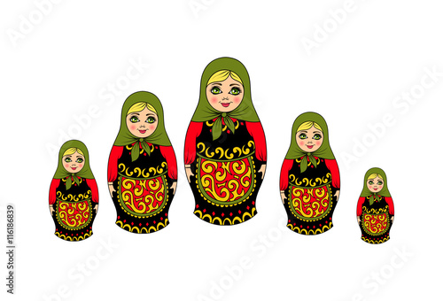 Isolated traditional Russian souvenir nesting dolls, five pieces. vector illustration