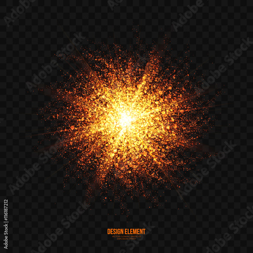 Abstract bright golden shimmer glowing particles transparent vector background. Scatter shining star dust light explosion effect. Burning sparks wallpaper. Celebration, holidays and party illustration