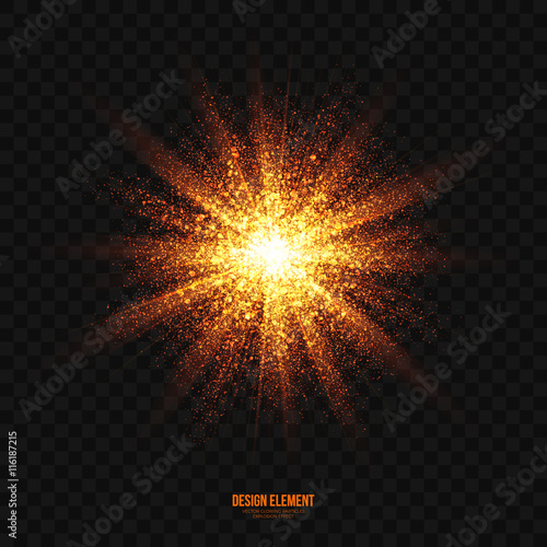 Abstract bright golden shimmer glowing particles transparent vector background. Scatter shining star dust light explosion effect. Burning sparks wallpaper. Celebration, holidays and party illustration
