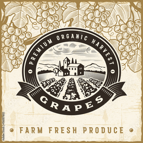 Vintage grapes harvest label