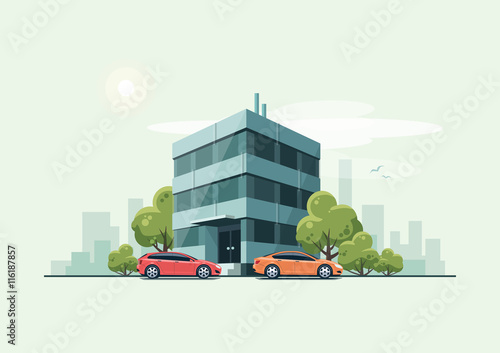 Vector illustration of modern business office building with green trees and cars parked in front of the workplace in cartoon style. House has glass facade. City skyline on green turquoise background.