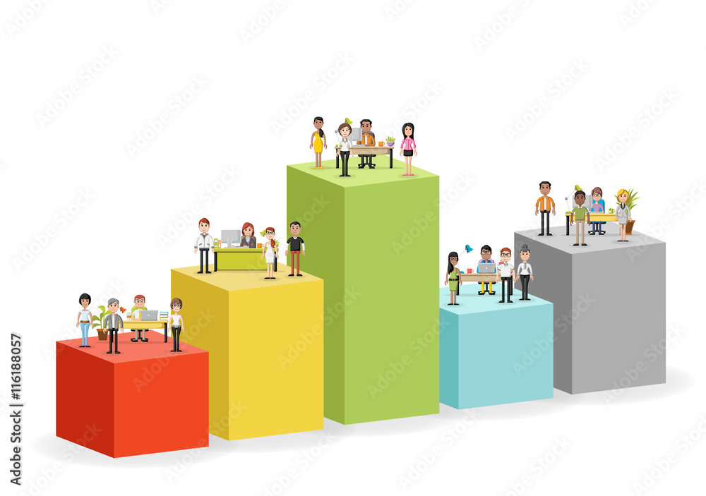 Bar chart with business people working with computer. Office workspace with desks. Hierarchy chart. Infographic design.
