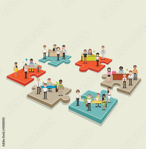 Puzzle pieces with business people working with computer. Office workspace with desks. Infographic design.  