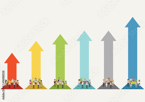 Bar chart with business people working with computer. Office workspace with desks. Hierarchy chart. Infographic design.
