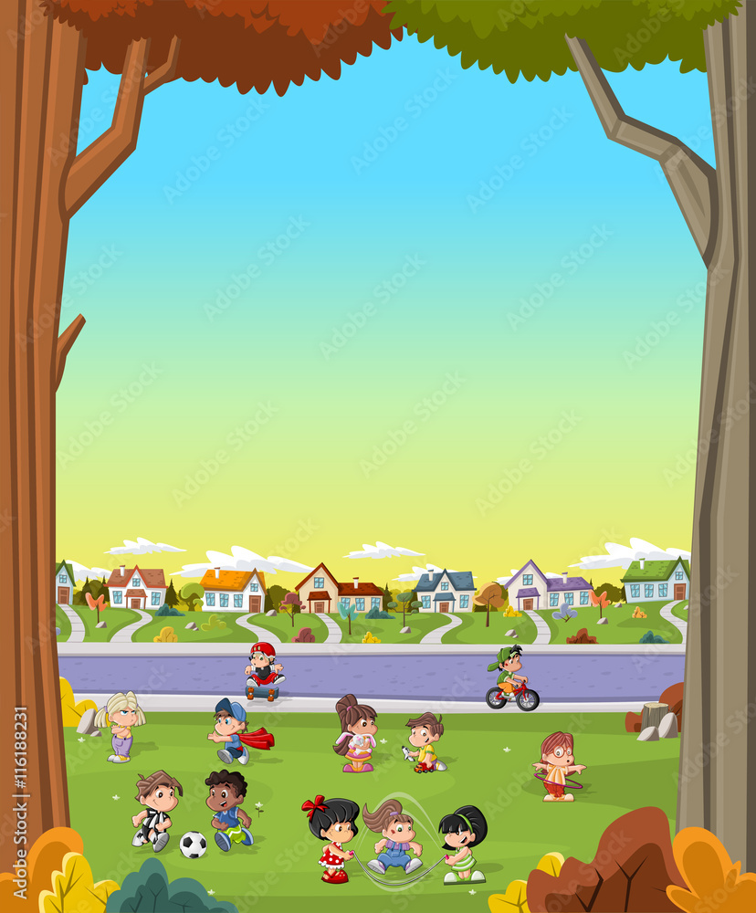 Fototapeta premium Colorful park in the city with cartoon children playing. Sports and toys.