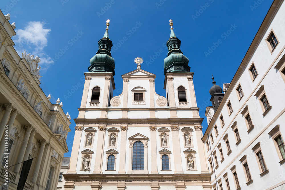 Top facade of Jesuit Church or University Church on Ignaz Seipel Platz in Vienna, Austria