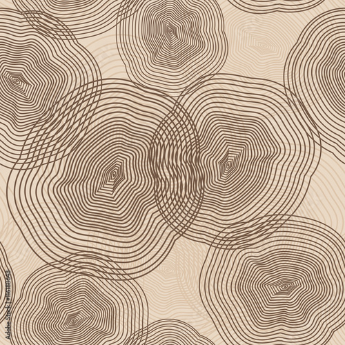 Concentric circles shapes vector seamless pattern, abstract background in geometric style. Wooden trunk cross section
