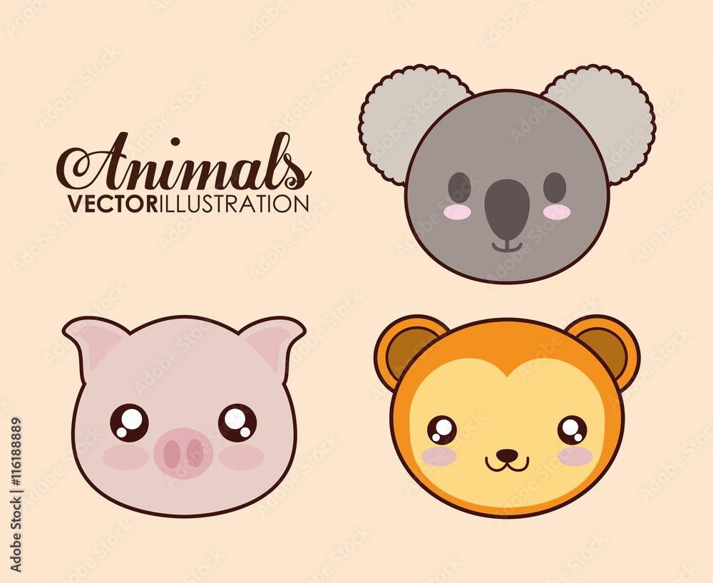 Cute animal design represented by kawaii pig, koala and monkey icon. Colorfull and flat illustration. Cute animal design represented by kawaii pig, koala and monkey icon. Colorfull and flat illustration.