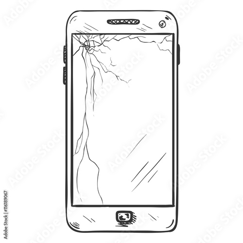 Vector Single Sketch Smartphone with Broken Display