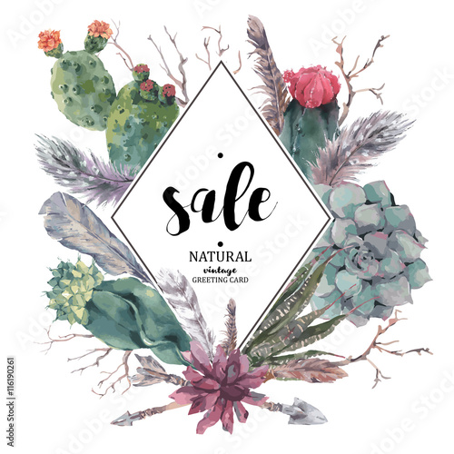Vintage sale card with branches and succulent