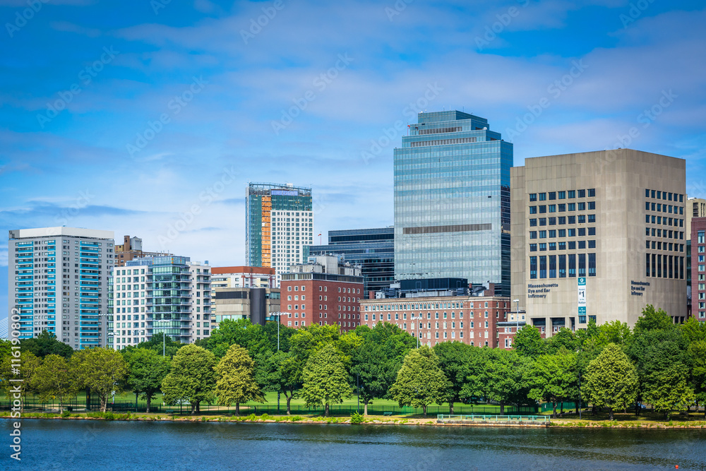 The Charles River and buildings in the West End, in Boston, Mass