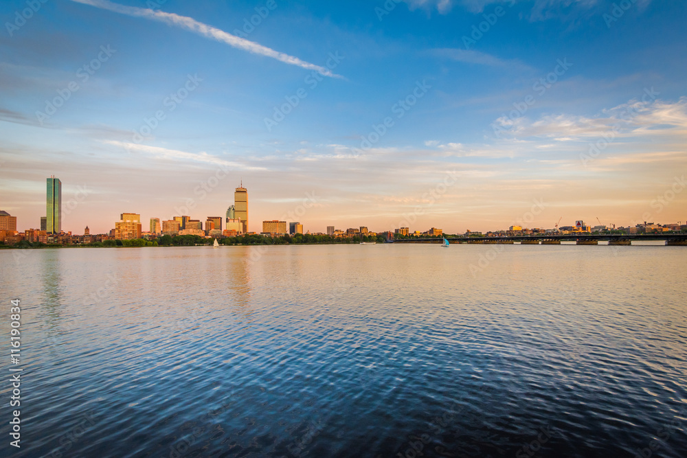 The Charles River at sunset, in Cambridge, Massachusetts.