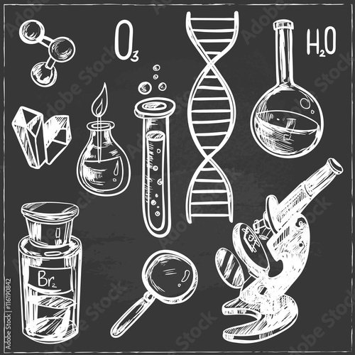 Hand drawn science beautiful vintage lab icons sketch set . Vector illustration.
