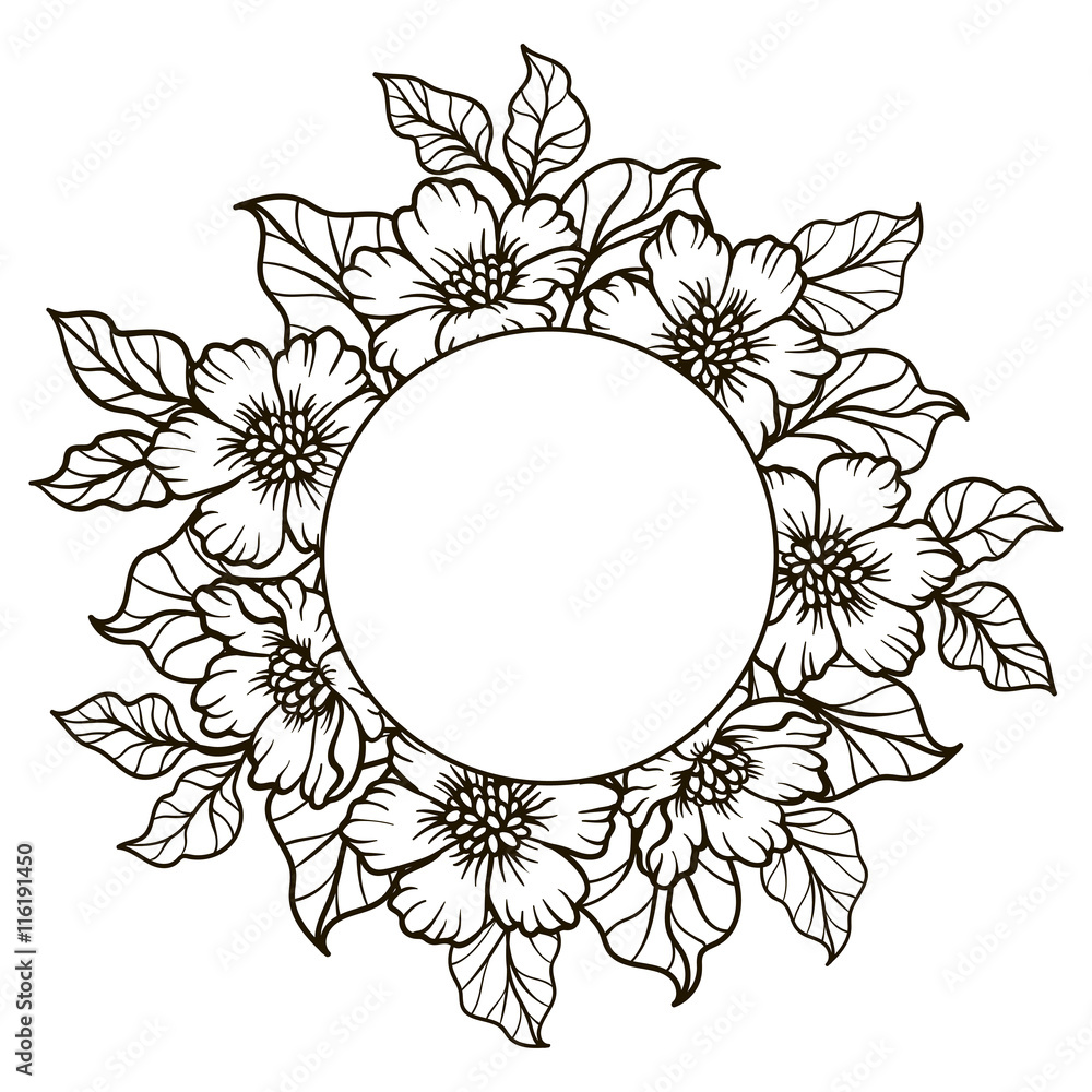 Fototapeta premium vector, contour, black and white illustration, abstraction, round frame, flowers, wreath, leaves, summer