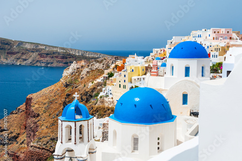 Church with blue domes on Santorini island, Greece.