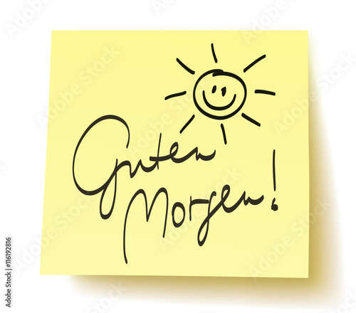 Quadratisches Postit mit der Aufschrift: „Guten Morgen!“ und handgezeichneter Sonne – handschriftlich, Vektor, freigestellt