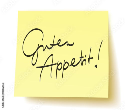 Quadratisches Postit mit der Aufschrift: „Guten Appetit!“ – handschriftlich, Vektor, freigestellt