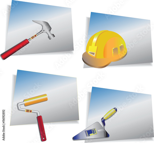 Builder set.Helmet and repair tools.Colored vector illustration.
