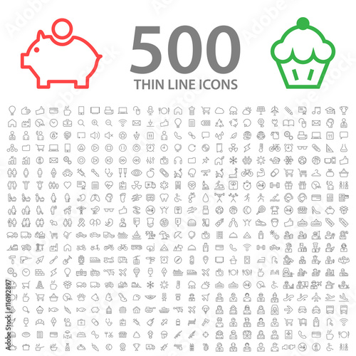 Set of 500 Standard Universal Minimal Modern Thin Line Black Icons on White Background.