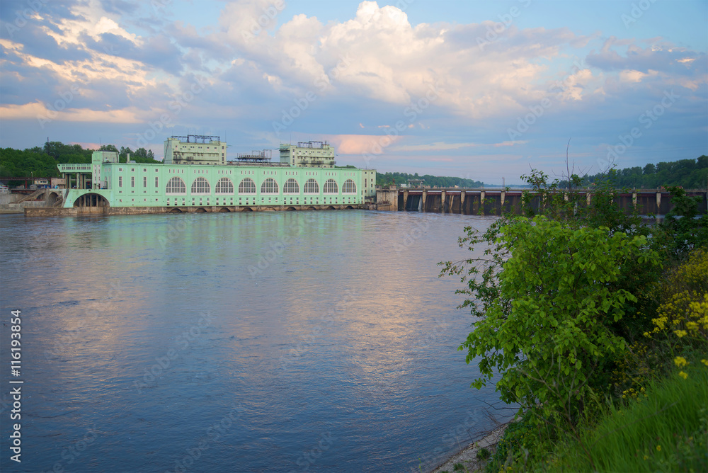 Volkhov hydroelectric power station in the june twilight. Volkhov, Leningrad region, Russia