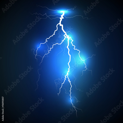 Realistic white lightning strike surrounded with shining blue lights on blue background. Can be used for company logos, business identity, print products, page and web decor or other design.
