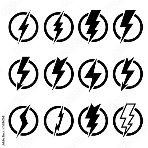 Set of black lightning bolts and signs of different shapes inscribed in black circles and isolated on white background. Can be used for logos, icons, signs, print products, web decor or other design.