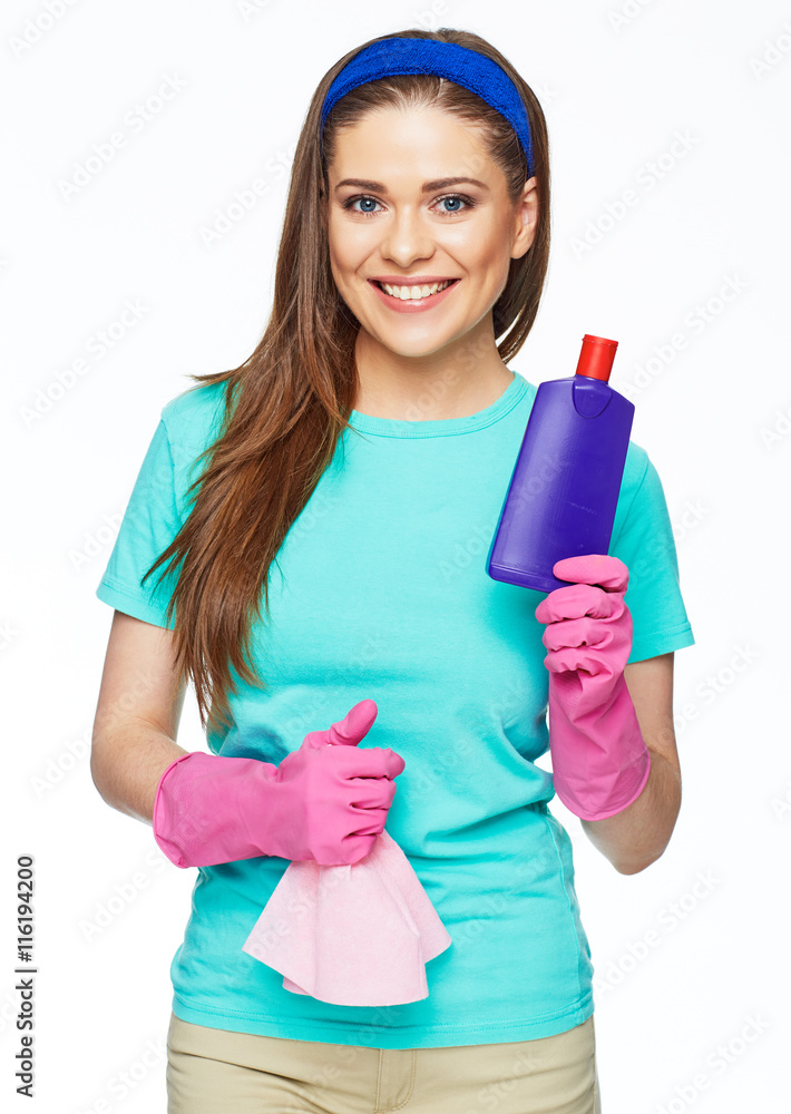 Housekeeper woman holding bottle with cleaner liquid and show t Housekeeper woman holding bottle with cleaner liquid and show t