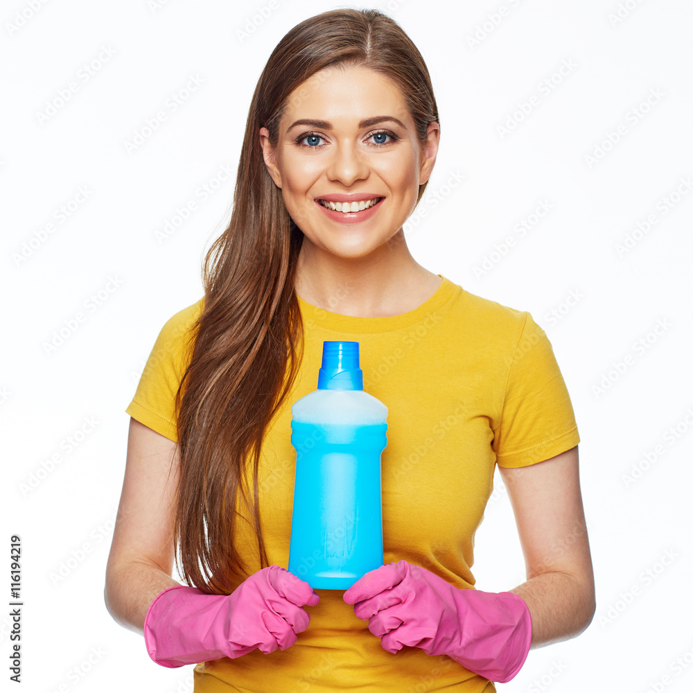 Cleaning fluid. Smiling woman hold blue bottle Cleaning fluid. Smiling woman hold blue bottle