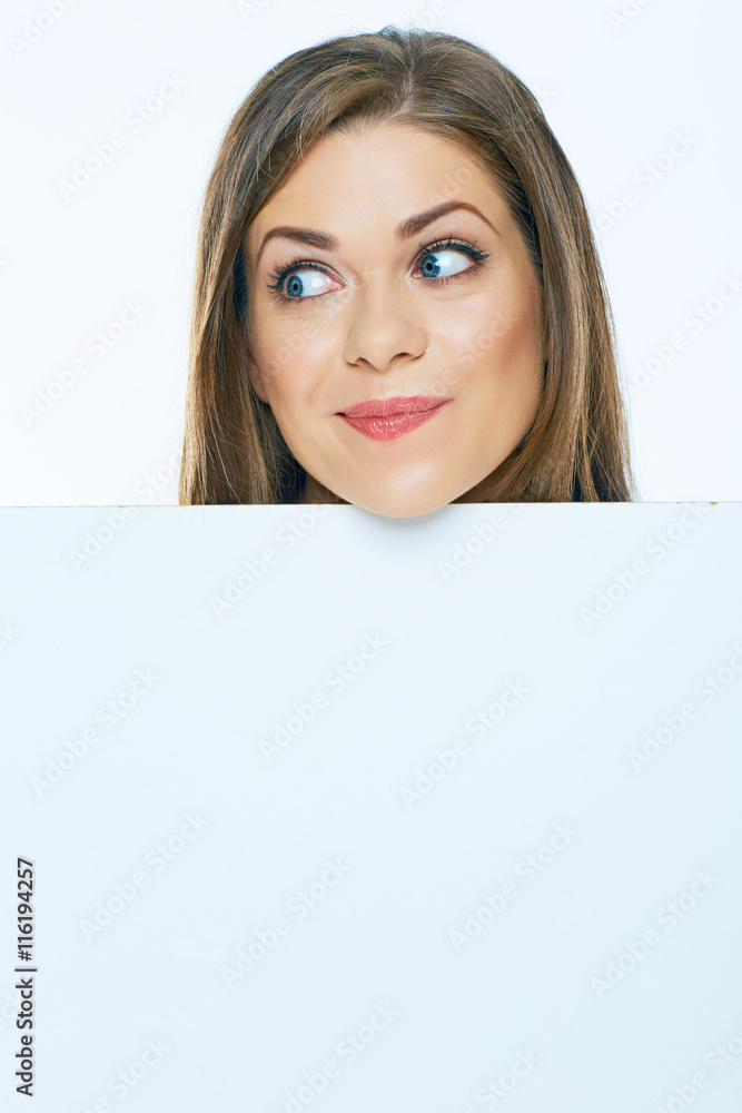 Woman face with board. Close up emotional portrait. Woman face with board. Close up emotional portrait.