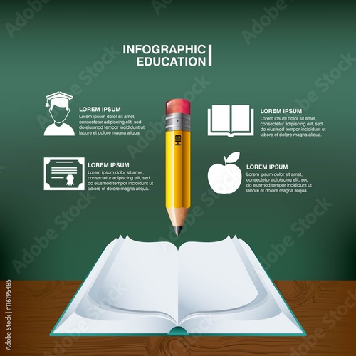 Pencil book and icon set. Infographic education design. Vector g