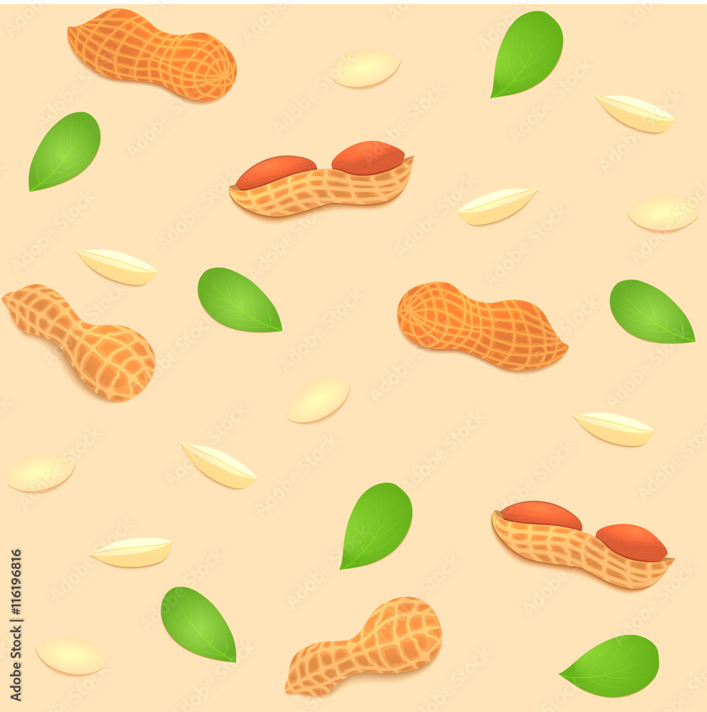 Vector seamless background peanut nut. A pattern of shelled peanuts nuts in shell and shelled, leaves. Tasty Image on beige background nuts for printing on packaging, advertising of healthy foods Vector seamless background peanut nut. A pattern of shelled peanuts nuts in shell and shelled, leaves. Tasty Image on beige background nuts for printing on packaging, advertising of healthy foods