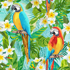 Tropical Flowers and Birds Background - Vintage Seamless Pattern