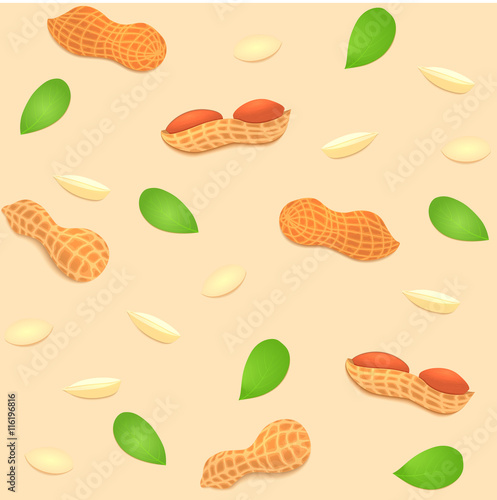 Vector seamless background peanut nut. A pattern of shelled peanuts nuts in shell and shelled, leaves. Tasty Image on beige background nuts for printing on packaging, advertising of healthy foods