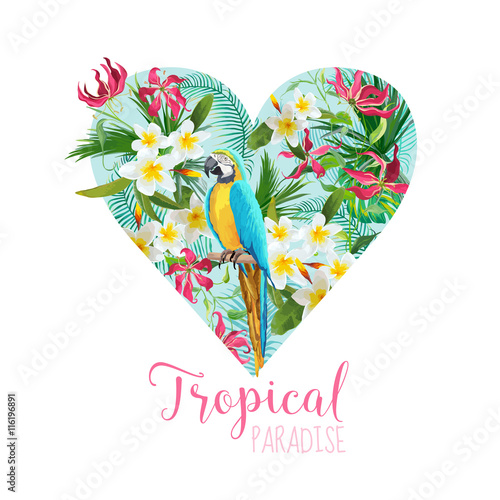 Floral Heart Graphic Design - Tropical Flowers and Parrot Bird photo