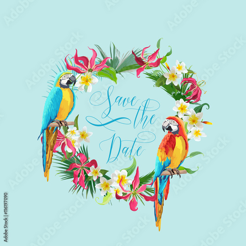 Save the Date Tropical Flowers and Birds Card - for Wedding, Invitation