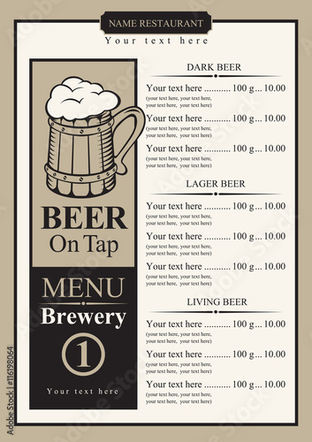 beer menu with price list and picture wooden glass