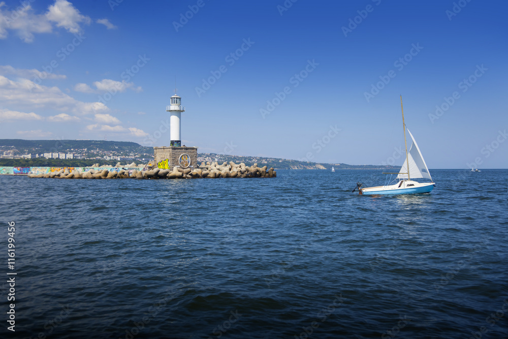 Lighthouse in Varna bay, Bulgaria, Black sea 