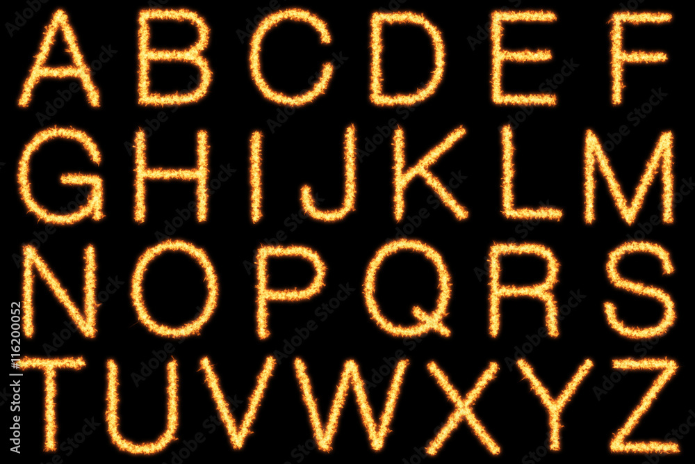 Alphabet with capital fire letters on black background- Helvetica font based Alphabet with capital fire letters on black background- Helvetica font based