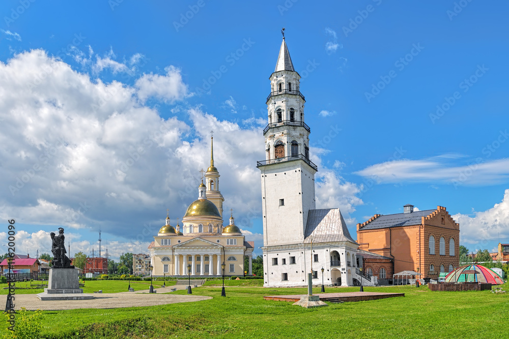 Leaning Tower of Nevyansk, Transfiguration Cathedral and Peter the Great and Nikita Demidov Monument in Nevyansk, Sverdlovsk Oblast, Russia