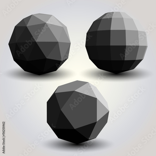Set of three different polygonal spheres in black colors