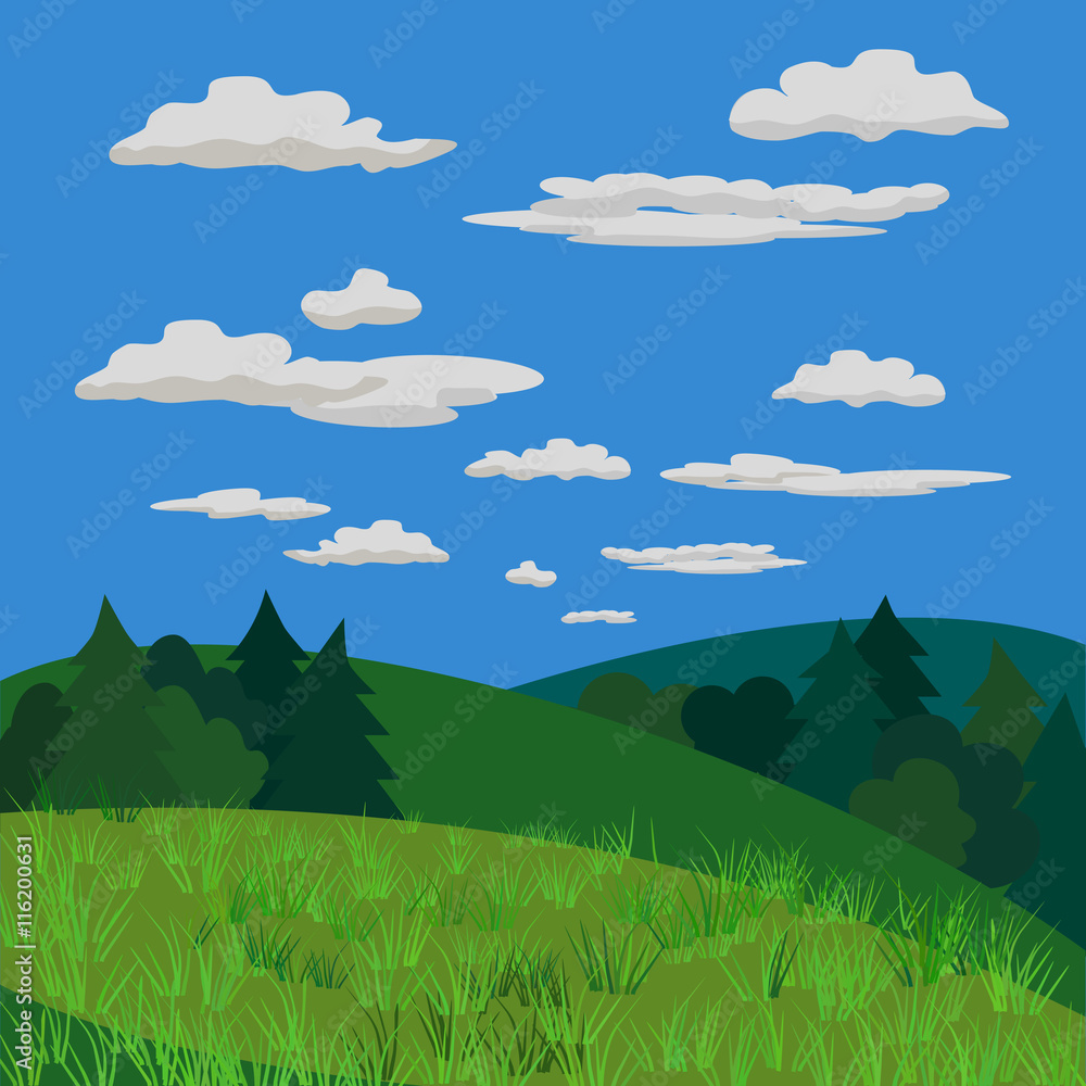 Obraz premium Green landscape. Wood with bush, tree, fur-tree silhouette. Country view with hills, meadows and fields. Green grass in mountain valley. Countryside scene background. Vector Illustration